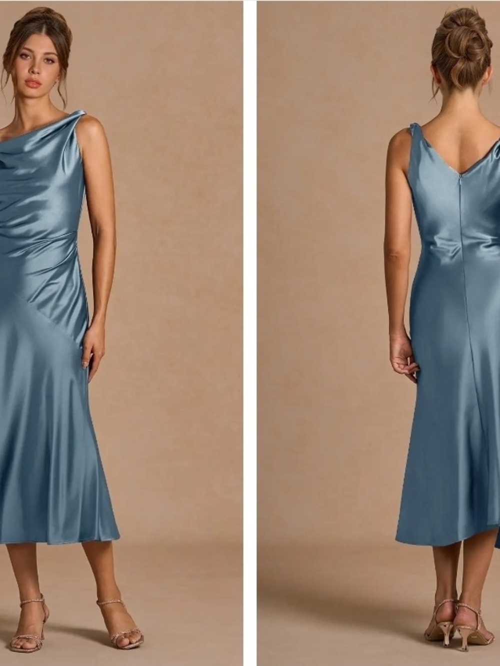 Satin Cowl Neck Midi Dress - Olive